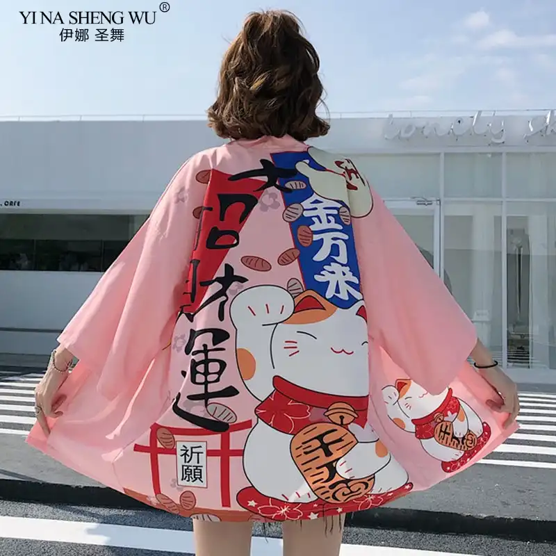 Women Kimono Cardigan Vintage Japanese Style Beach Harajuku Lucky Cat Print