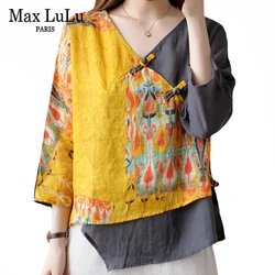 Max lulu camisa feminina designer chinês, roupas vintage para mulheres, camisas de linho estampadas casual soltas plus size 2020