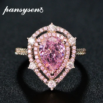 

PANSYSEN Luxury 7*10mm Water Drop Lab Moissanite Pink Quartz Gemstone Wedding Ring Pure Silver 925 Fine Jewelry Rings for Women