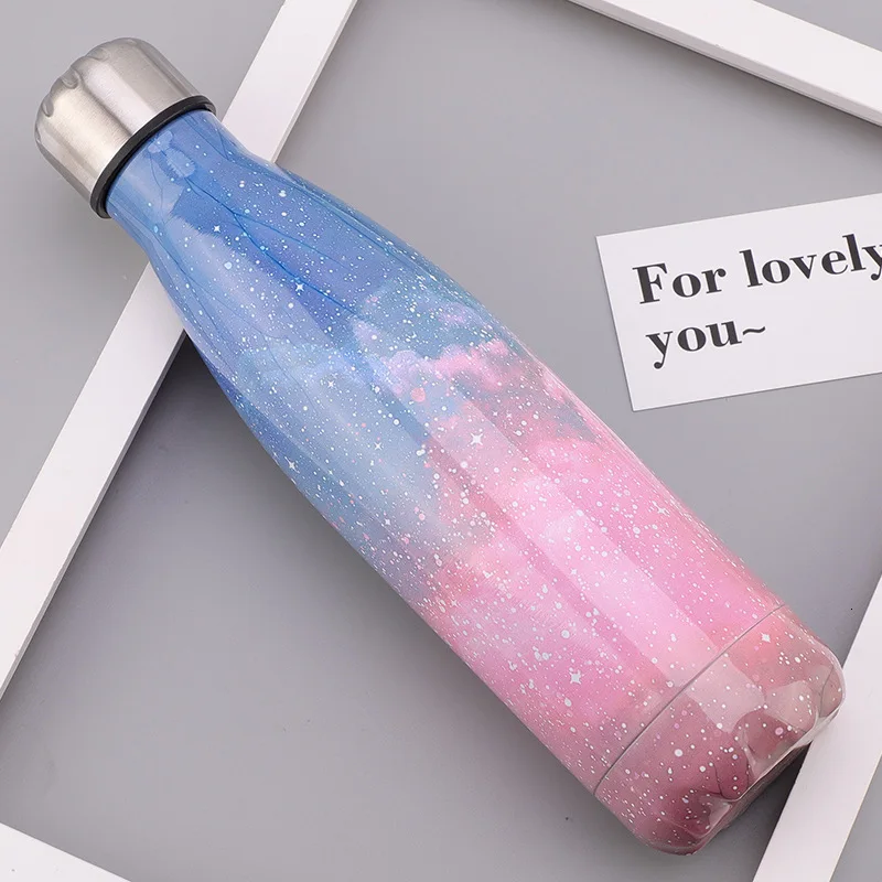 Звездное небо, цветок, стеклянная бутылка для воды, размер 500 мл, настенный двойной шар из нержавеющей стали, пустая Изолированная бутылка для напитков, спортивная чашка - Цвет: e