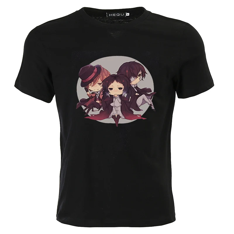 Anime Bungo Stray Dogs Tees Men Black T-shirt Osamu Dazai Atsushi Short Sleeve Tshirt Unisex Tee Top Casual Tees