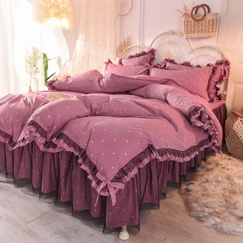 

Thickened Red Paragraph gong zhu feng Four Washed Cotton Girl Heart comforter Bedding Sets Bedding Set Luxury