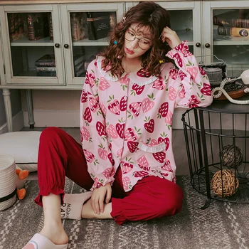 

Hot sale full cotton family pajamas sets women fresh fruit pattern casual tracksuit long sleeve home sleepwear for young girls