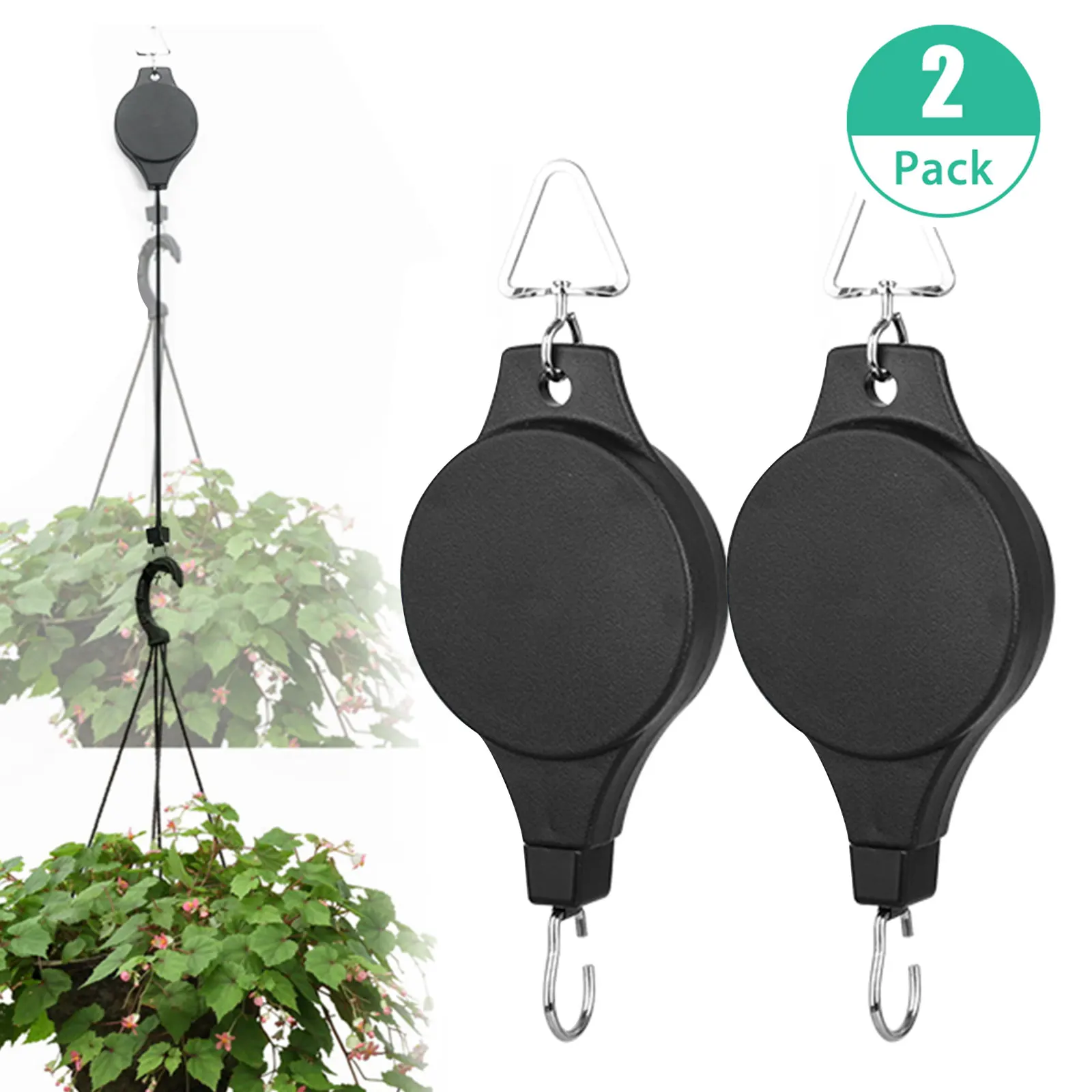 2 x Retractable Pulley Hanging Basket Garden Plant Pots Pull Down Hanger Black