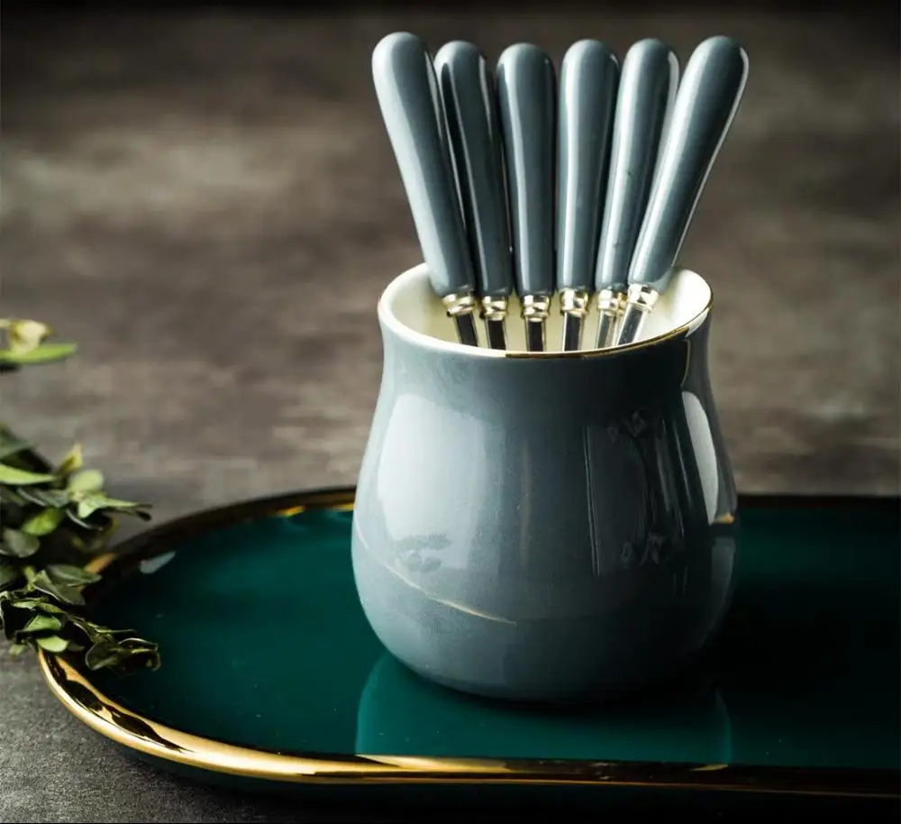 4 forks 2 spoons pot Набор милых вилок из нержавеющей стали, выбор фруктов, десерт, кофе, керамические ручки, вечерние принадлежности для детей - Цвет: 4 forks 2 spoons pot