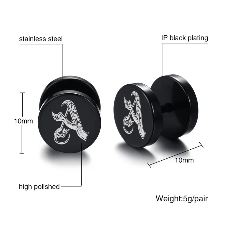 Vnox 10mm Stainless Steel Initials 26 Letter Stud Earrings for Men Women,Punk Gothic Barbell Earring with Custom Small Alphabet 6