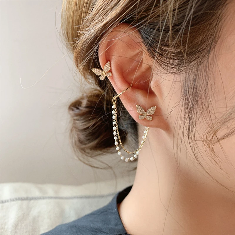 VKME-pendientes de tuerca de cadena de perlas y mariposa de cristal coreanos para mujer, aretes de Clip en pendientes de Metal, joyería