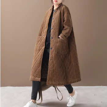 

[EWQ] 2020 Winter New Pattern Lapel Long Sleeve Solid Patchwork Pockets Vintage Loose Long Warm Cotton Padded Coat Women AH59501