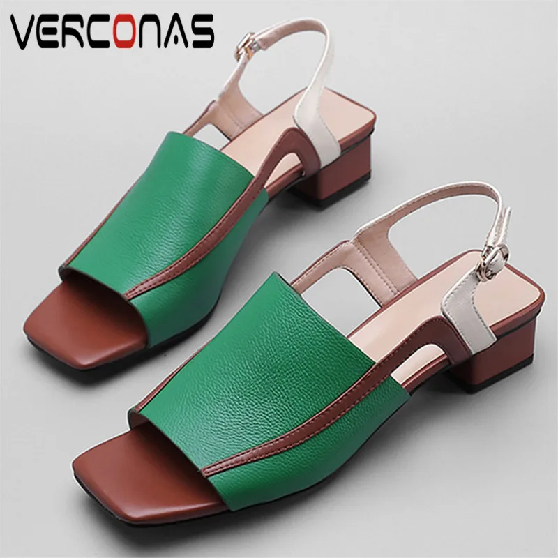 

VERCONAS Woman Sandals 2020 Woman Pumps New Arrival Summer Genuine Leather Ankle Strap Square Toe Square High Heels Shoes Woman