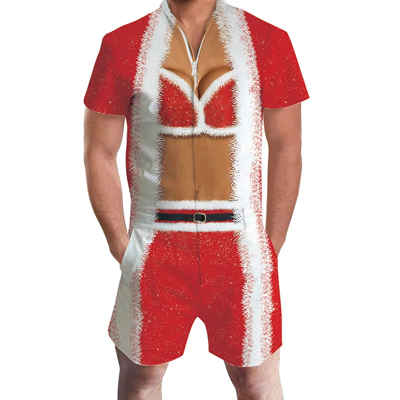 Мужской комбинезон с коротким рукавом, Рождественская одежда, повседневная свободная уличная одежда, винтажный Рождественский комбинезон, мужской спортивный костюм