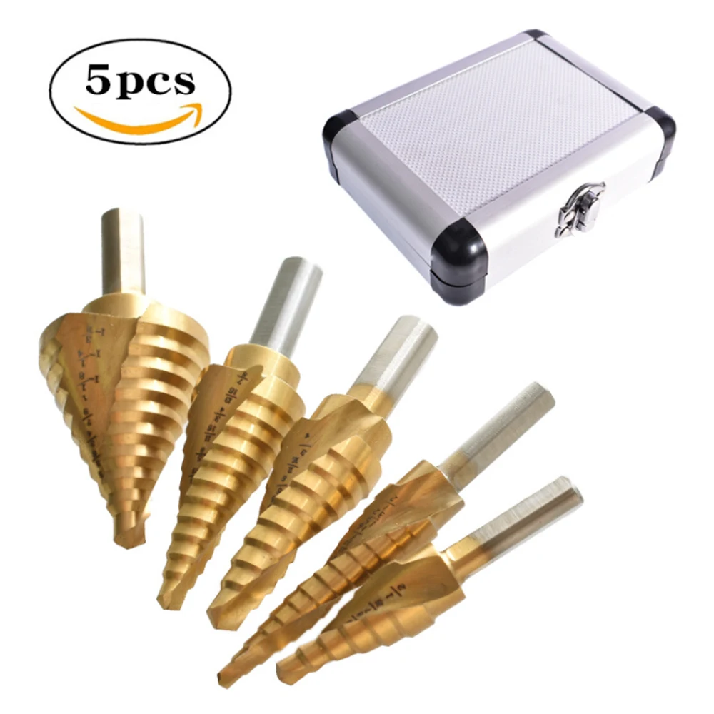 

5Pcs Step Drill Bit Set 1-3/8"-3/16" HSS Titanium Coated Stepped Cone Drill Bits Set for Metal Wood Steel Plastic