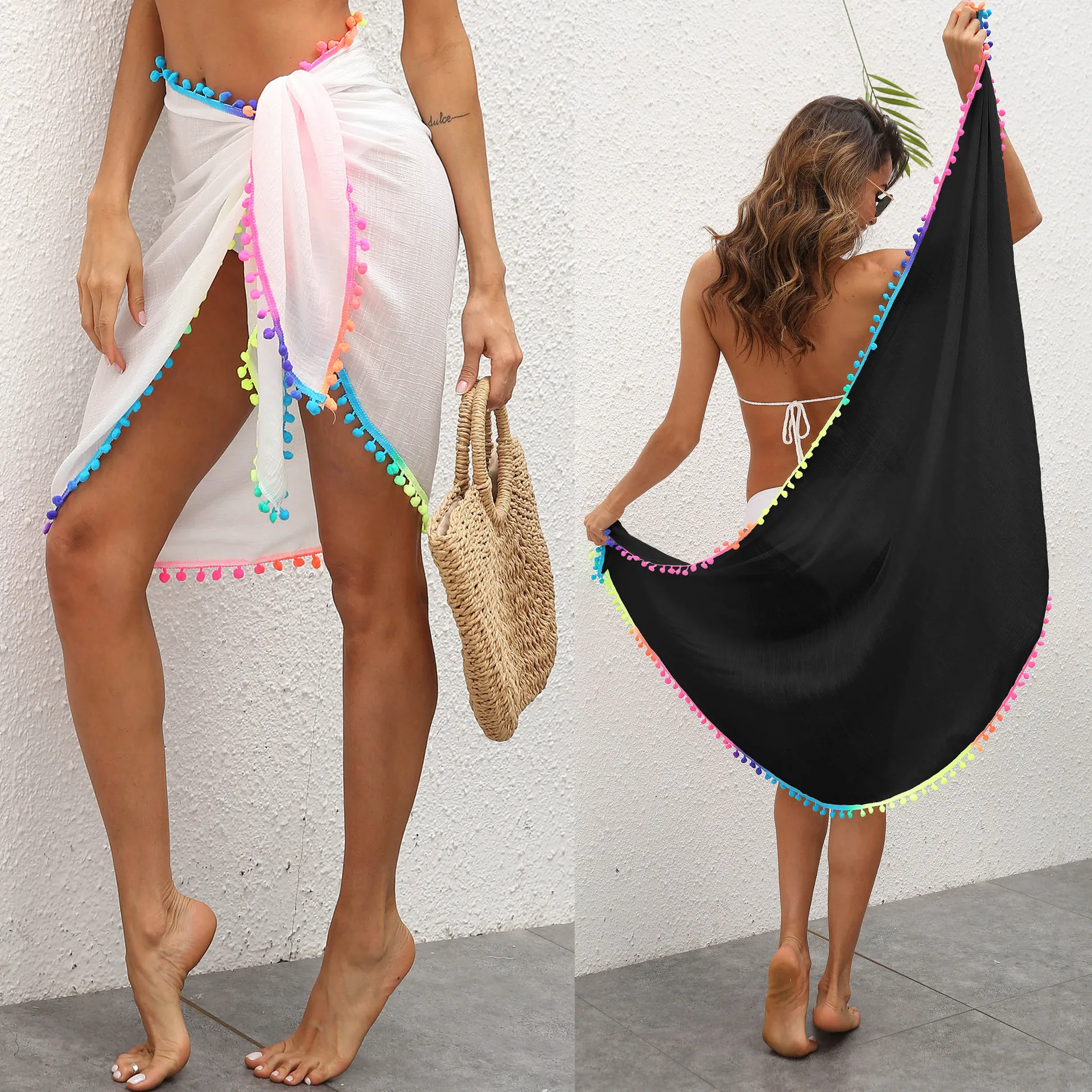 Women Beach Sarongs Beach Cover Ups Sexy Sheer Mesh Swimsuit Swimwear Wrap Skirt Bikini Cover Up with Colorful Pompom Tassel 3