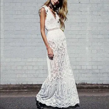 

Top Quality Lace Long Dress Elegant Celebrity Night CLub Sleeveless White Backless Evening Party Dresses