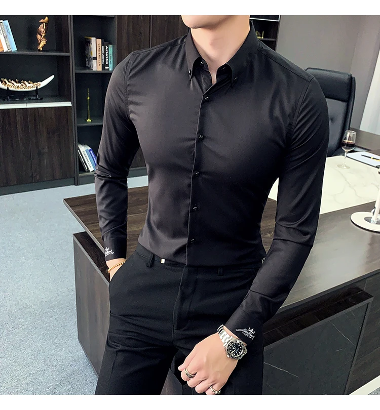 Мужские рубашки с вышивкой черные Camisas Sociais Masculina Slim Hombre Elegante рубашки белые рубашки с отложным воротником качество розовый
