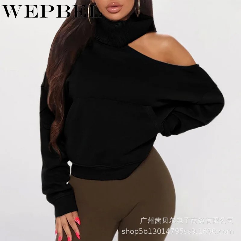 

WEPBEL Autumn Long Sleeve Turtleneck Off-Shoulder Loose Sweatshirt Tops Women's Sexy Solid Color Pullover Sweatshirt