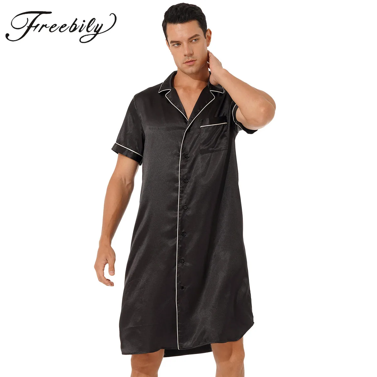 Male Satin Nightshirt Pyjama Sleep Tops Men Short Sleeve Button Down Loose Sleepwear Loungewear Soft Comfortable HomeWear