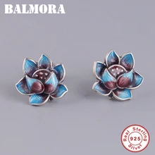 BALMORA Настоящее серебро 925 проба ретро серьги-гвоздики в форме лотоса для женщин леди подарок Романтические элегантные эмалированные ювелирные изделия Этническая мода
