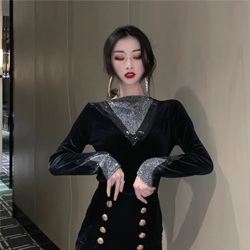 black 2 Neploe Осень Зима тонкая нижняя рубашка Blingbling Лоскутная футболка с длинным рукавом женская элегантная Корейская футболка с круглым вырезом 56862 - Цвет: black 2