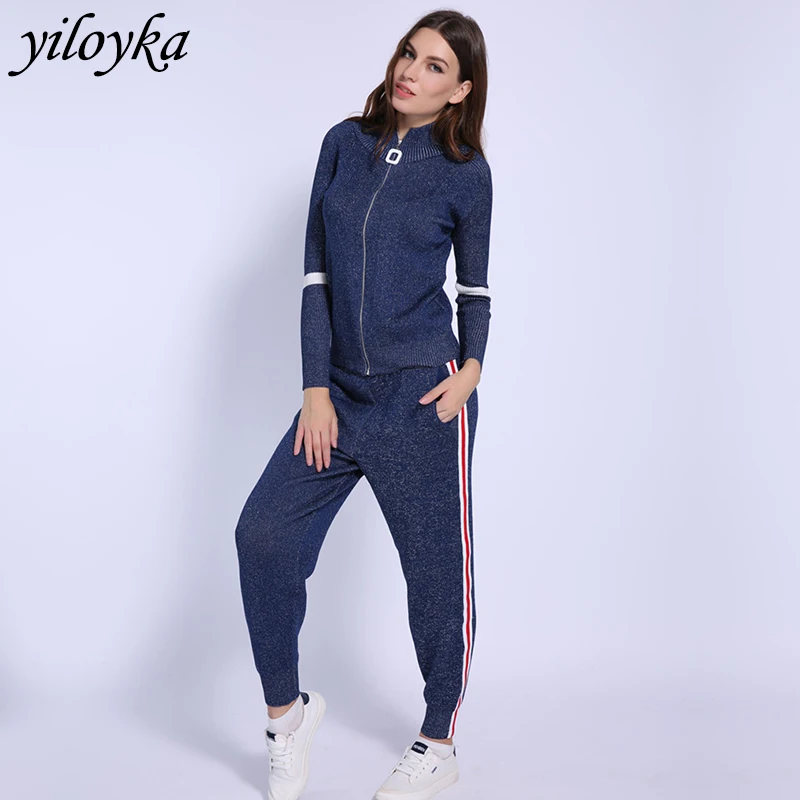 

Women Zipper Turtleneck Sweater + Pants Two Piece Set Female Winter Casual 2 Piece Set Women Tracksuit Sweater Knitted Trousers