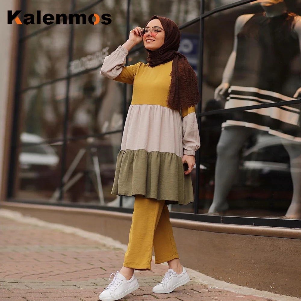 Conjunto musulmán de dos piezas para mujer, ropa islámica de Ramadán, Abaya, Turquía, Top plisado y pantalones largos, caftán musculman