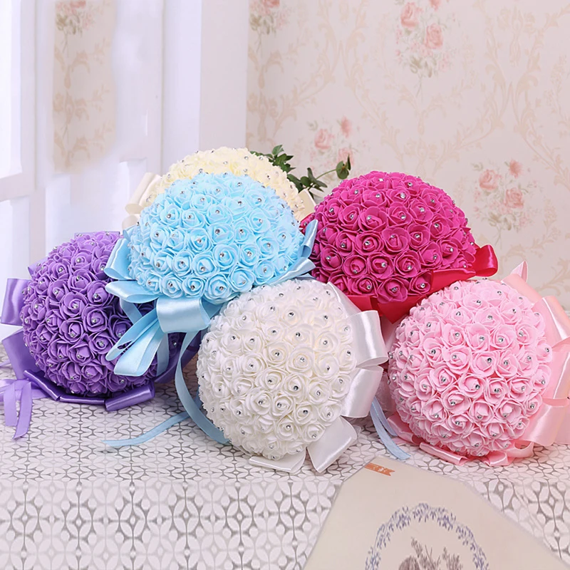 Wedding Bouquets Handmade Bridal Artificial Roses Rhinestone Wedding Flower Party Decor