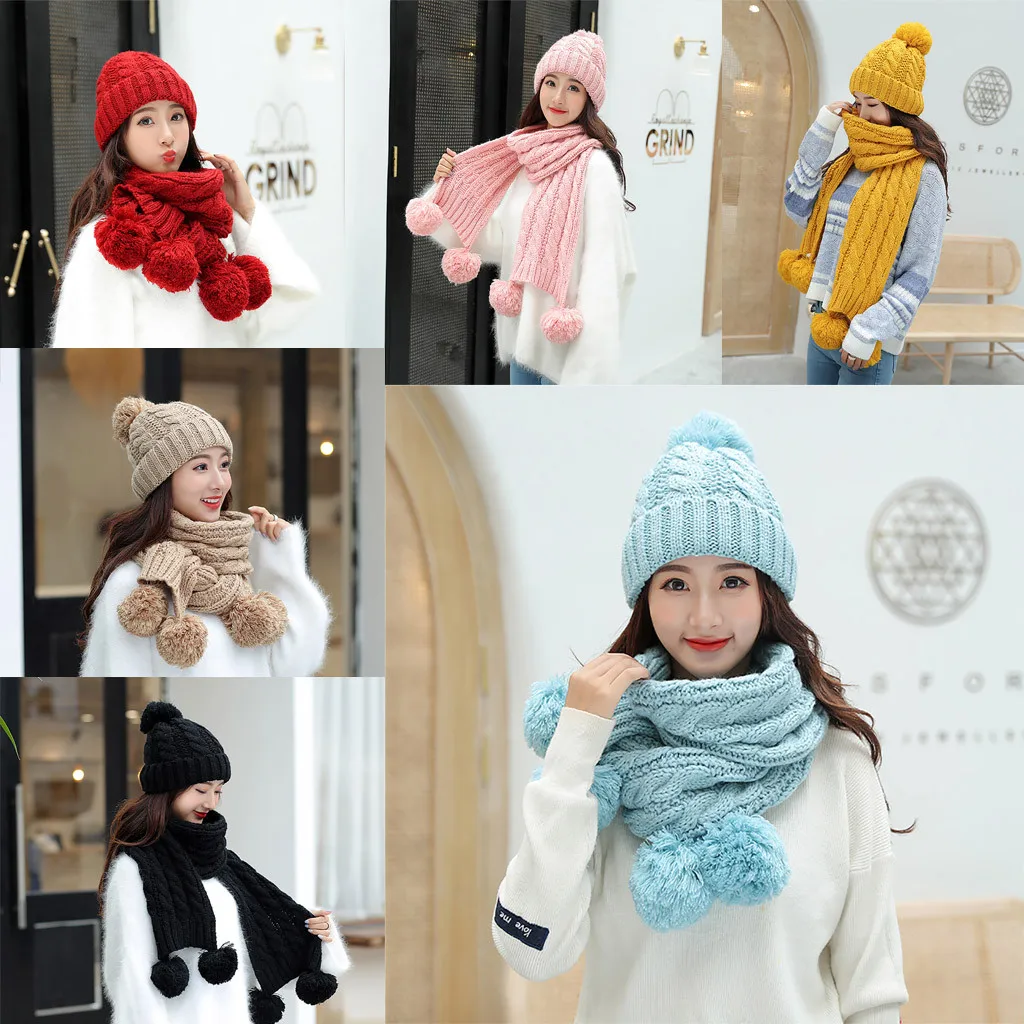 Adult Women Men Winter warm Knit Hat Solid Color Scarf Hairball beanie with pompom Casual Solid winter hats for women