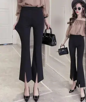 

Feminine Autumn New 2020 High Waist Flare Pants Lorean Lace Casual Woman Pants Open Side Plit Loose Pantalon Mujer