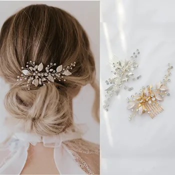 

Gold Silver Headpieces Combs Leaf Hairpins Crystal Opal Hair Pins Women Bride Headdress Bridal Hair Jewelry Wedding Accessories