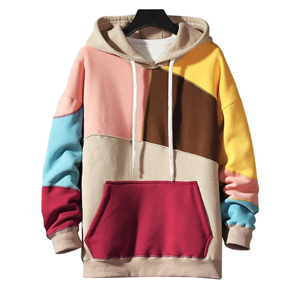 ZUSIGEL Autumn Winter Thicken Fleece Tangram Color Stitching Mens Hoodies Sweatshirts Loose Japanese Streetwear Hoodies Men - Цвет: Розовый