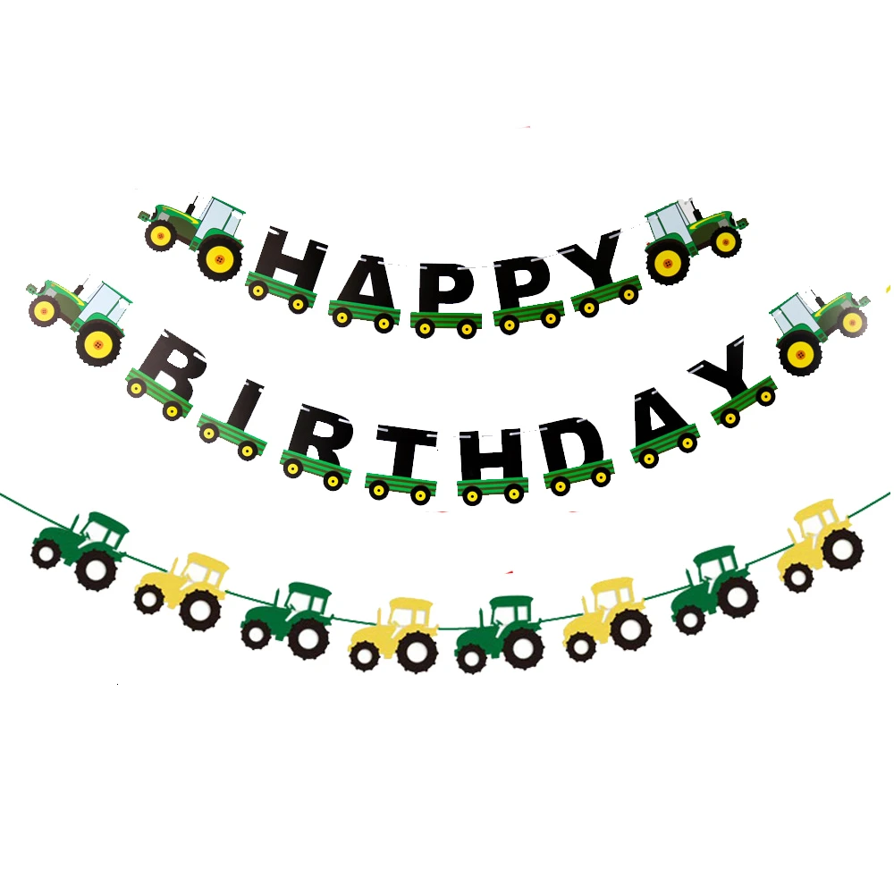 1Set Farm Theme Green Tractor Inflatable Balloons Happy Birthday Party Decoration Kids Birthday Excavator Vehicle Banner images - 6