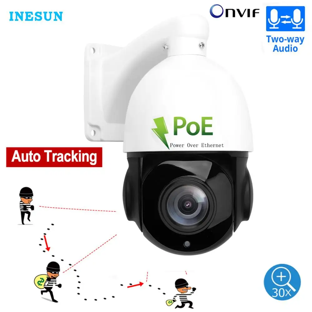 

Inesun Outdoor PoE PTZ Security IP Camera 2MP AI Auto Tracking Hight Speed Dome Camera 30X Optical Zoom Two Way Audio ONVIF