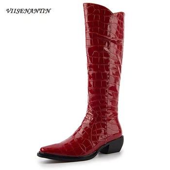 

Pointed Toe Western Zipper Knee-High Snake Pattern Yellow Boots Wedges Thick Heel Autumn Fashion Vintage Breathable Shoes Women