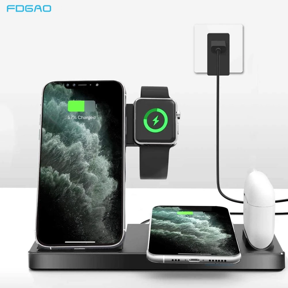 15W Fast Charge Stand 4 In 1 QI Wireless Charger Dock Station For iPhone 12 11 XS Max XR X 8 Apple Watch 6 5 4 3 2 Airpods Pro