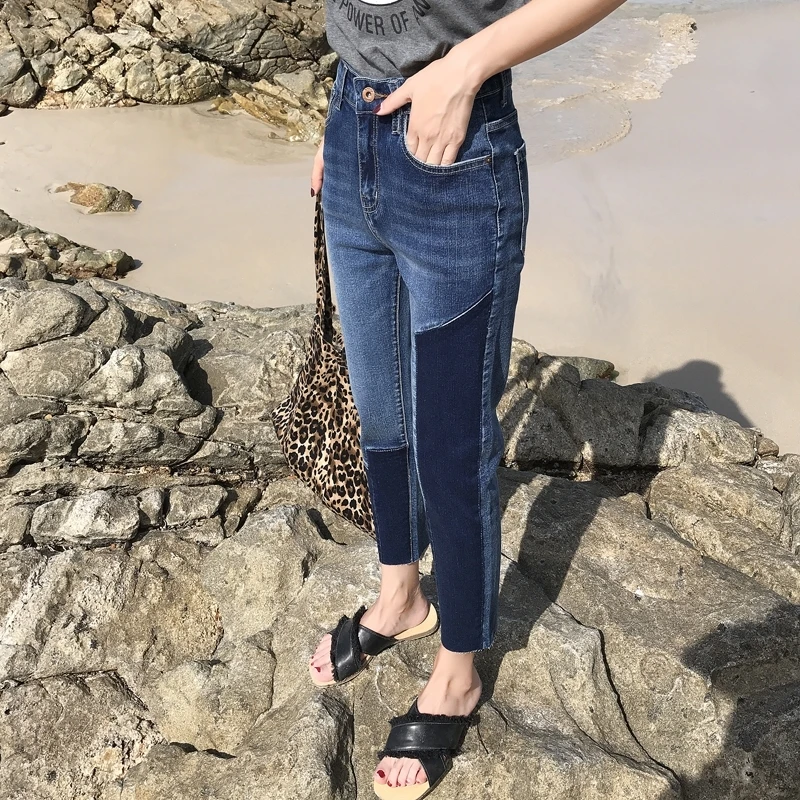 [DEAT] весенние модные трендовые новые женские джинсы с узором, свободные прямые джинсы с высокой талией и вставками, модель AI847