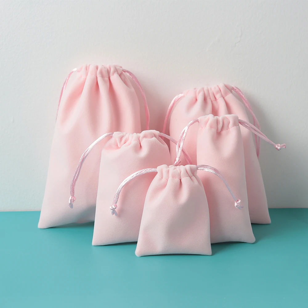 100 Drawstring Bags Personalized Logo Print Pink Thick Velvet Jewelry Packaging Bags Pouches Custom Chic Wedding Favor Bags