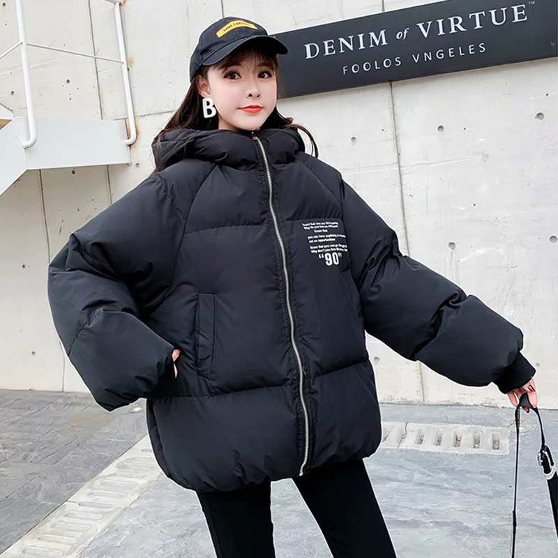 Женское пальто больших размеров, зимняя Корейская одежда, свободные женские парки с мультяшным принтом, толстый теплый пуховик с капюшоном Harajuku, Женское пальто