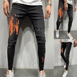Мужские зимние рваные джинсовые брюки, повседневные брюки, узкие Стрейчевые узкие брюки, джинсы, модные хип-хоп обтягивающие джинсы