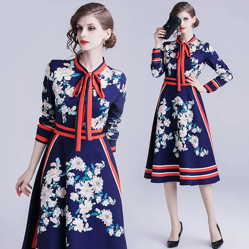

2019 Spring autumn Fashion Runway Dress Women's Long Sleeve Bow Collar Multicolor Floral Print Vintage Dress