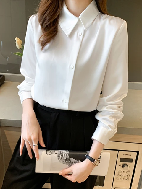 Women's Spring Long Sleeve Satin White Tops Casual Elegant Office Ladies  Shirt Femme Fashion Polo Collar Business Outfits - Women Shirt - AliExpress