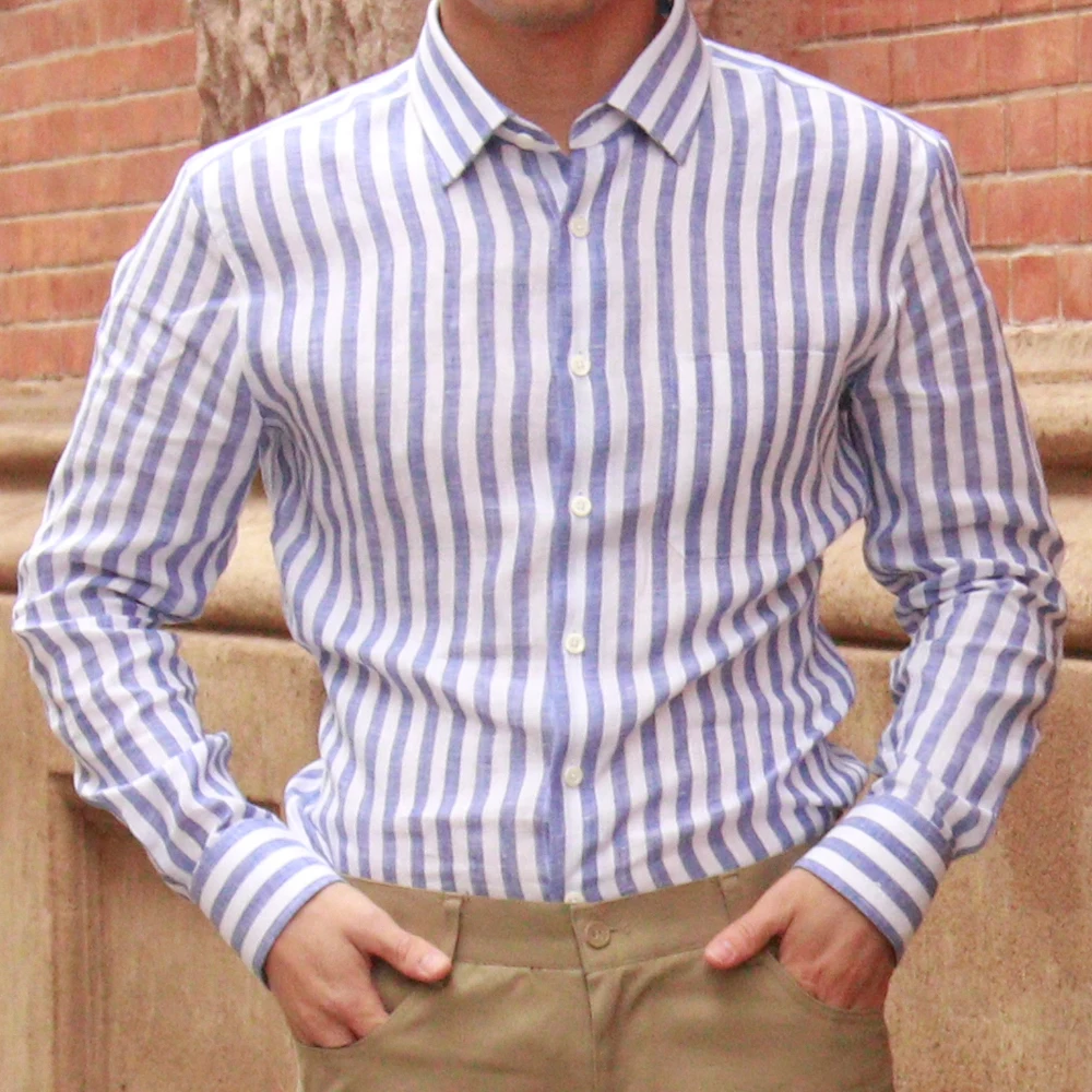 2022SpringSummerLuxuryDressShirtCustomMadeShirts100LinenBlue