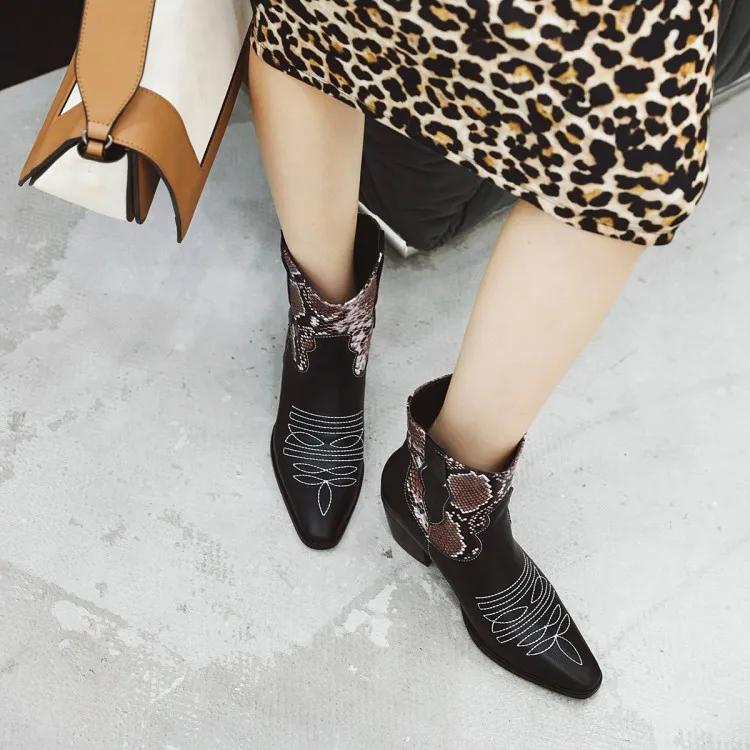 Ковбойские сапоги вестерн, женские кожаные ботинки со змеиным узором на высоком квадратном каблуке, ковбойские ботинки, ботильоны botasShoes