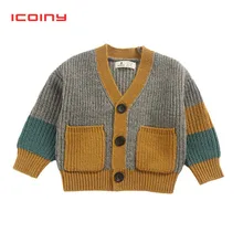 Детский свитер с карманами; коллекция года; сезон осень-зима; однобортные кардиганы; свитера для мальчиков с v-образным вырезом; детский вязаный кардиган в полоску