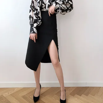 

2020 Woman Skirts Sexy Knee Length Asymmetrical Skirt High Waist Black Split Skirt Rock Damen