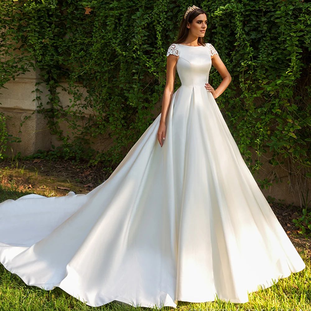 

New Elegant Cap Sleeve Wedding Dresses with 1m Train Beading Appliques Illusion Back Satin Bridal Gowns Vestidos De Mariage