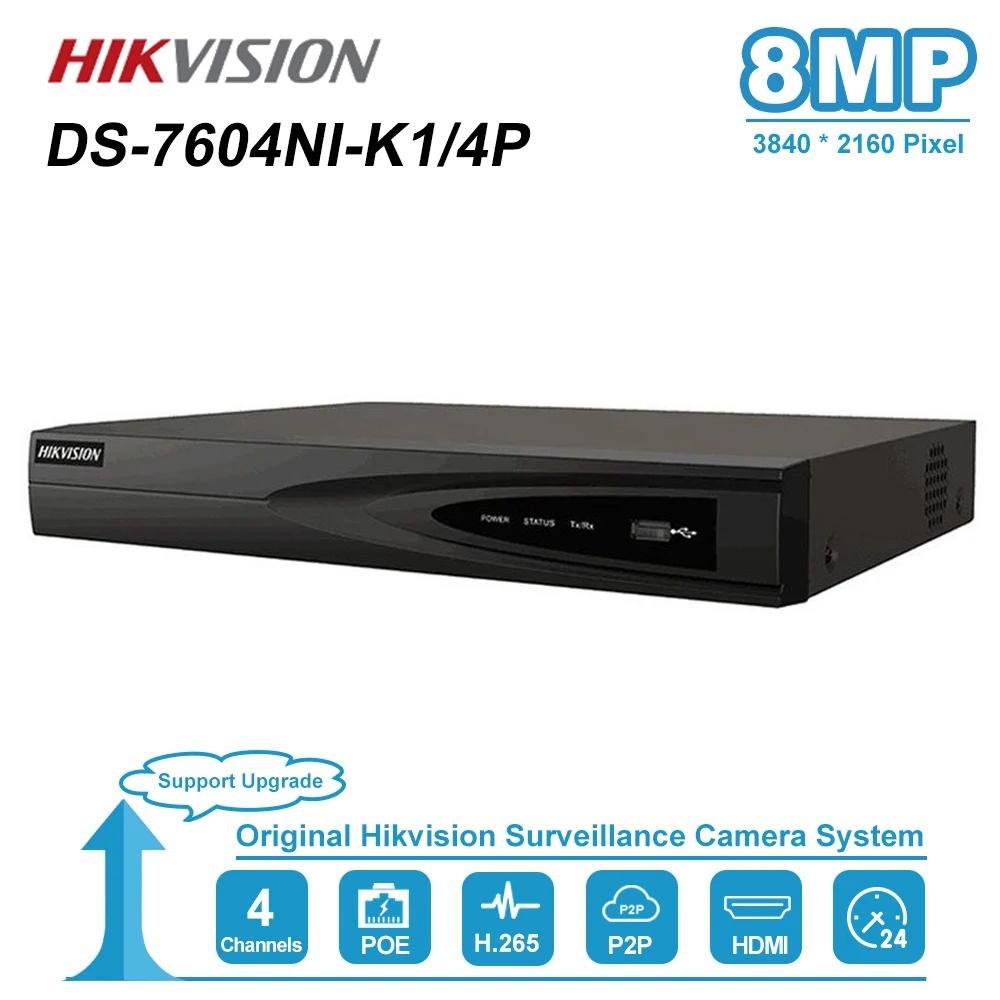 HIK 4CH PoE NVR DS-7604NI-K1/4 P 4-канальный встроенный Plug Play 4K NVR с 4 PoE портами для ip-камеры системы видеонаблюдения