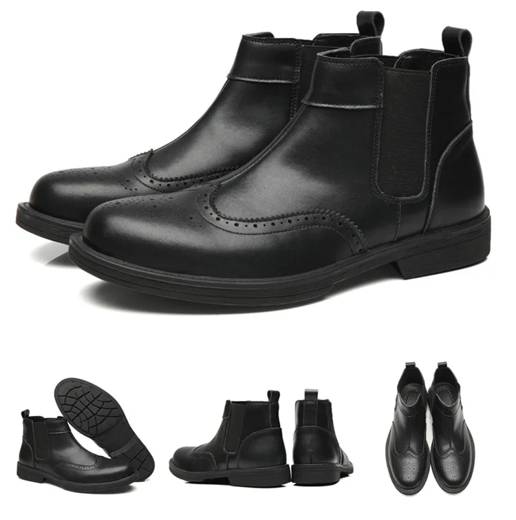 Winter PU Chelsea Boots Men Elastic Band Pointed Toe Ankle Boots Solid Casual Motorcycle Shoes Plus Size Black Brown