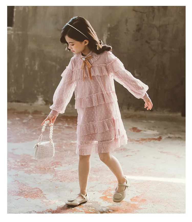 2020 Spring Pink Layered Mesh Long Sleeve Dress Big Girls Luxury White Lace Dresses Teenagers School Clothes 5 6 8 9 10 12 Years (12)