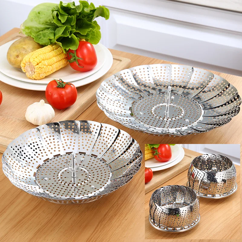 

Folding Dish Steam 430 Stainless Steel Food Steamer Basket Mesh Vegetable Cooker Steamer Expandable Kitchen Tool Hot Selling