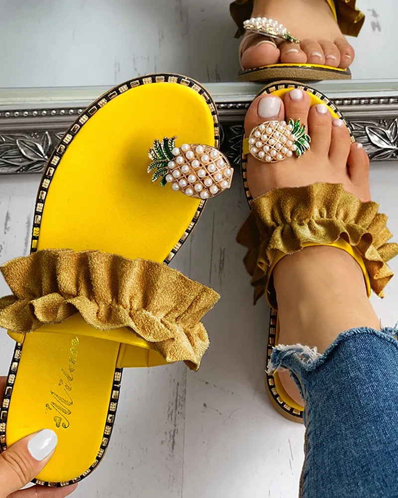 

MoneRffi Slipper Women Summer Flat Sandals Pearl Spilt Toe slip on Flip Flops Pineapple summer Beach Slides Casual Women Shoes