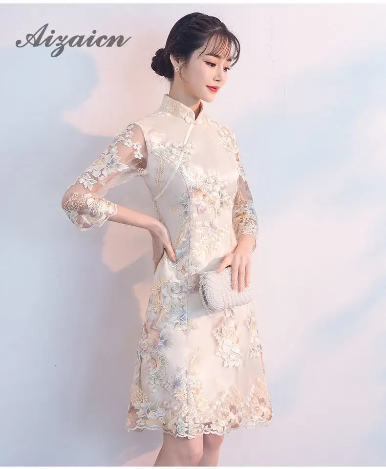 Cheongsam Мини 2018 Летняя мода кружево Половина рукава платья для вечеринок современный китайский Свадебные Qipao платье пикантные тонкие